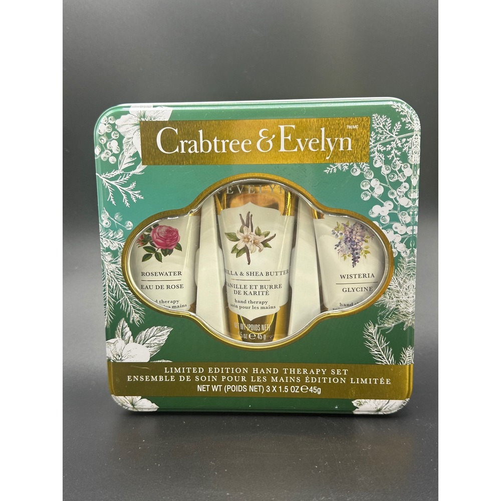 Crabtree & Evelyn Limited Edition Hand Therapy Set 3pc Tin Rosewater Vanilla